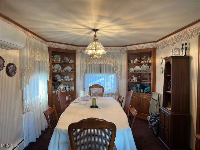 dining area featuring an inviting chandelier, crown molding, and built in features