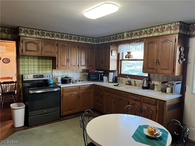 kitchen with sink, electric range, and decorative backsplash