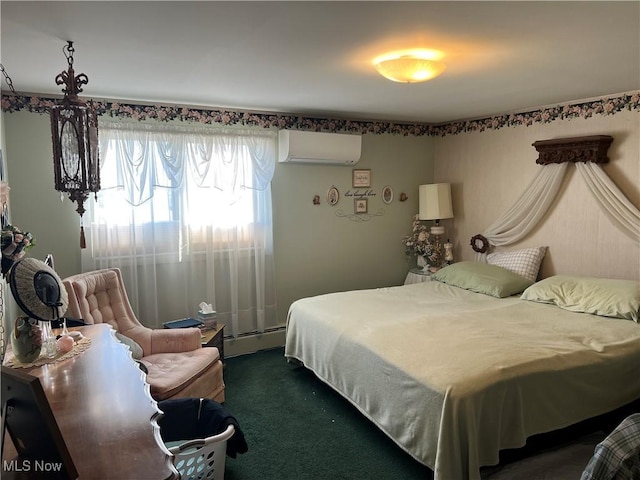 carpeted bedroom featuring a baseboard radiator and a wall mounted AC