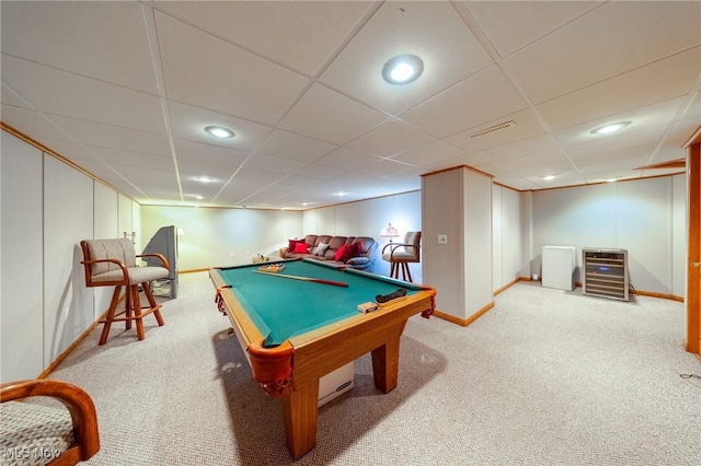 rec room with a paneled ceiling, light carpet, wine cooler, and pool table