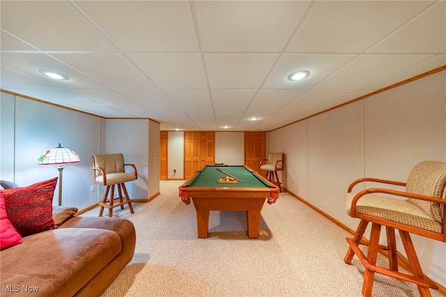 playroom featuring light colored carpet, billiards, and a drop ceiling