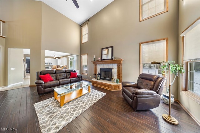 living room featuring a chandelier, a fireplace, and dark hardwood / wood-style flooring