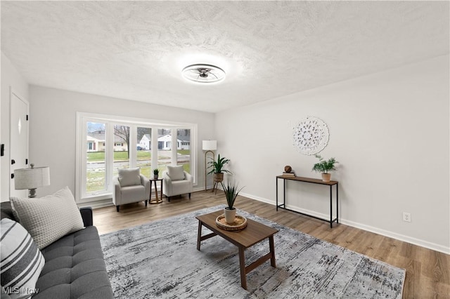 living room featuring hardwood / wood-style flooring and a textured ceiling