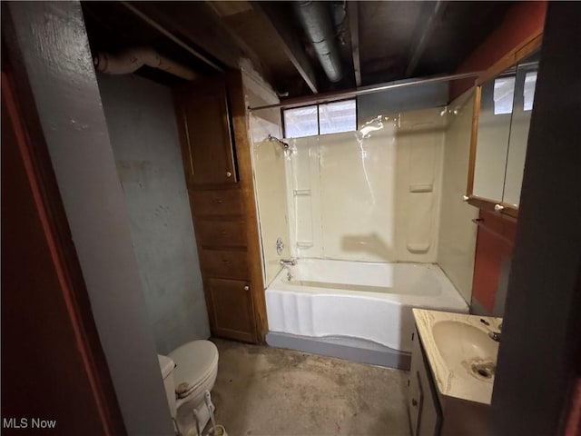 full bathroom with vanity, toilet, shower / bath combination, and concrete floors