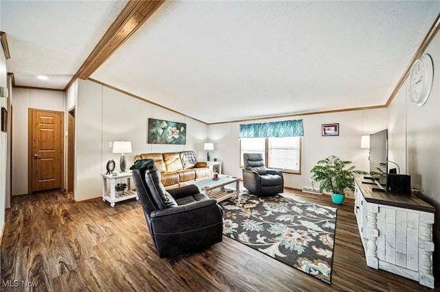 living room featuring lofted ceiling with beams, crown molding, and dark hardwood / wood-style floors