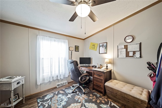 office space with lofted ceiling, crown molding, a textured ceiling, dark hardwood / wood-style floors, and ceiling fan