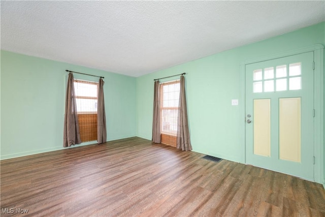 interior space with hardwood / wood-style floors, a wealth of natural light, and a textured ceiling