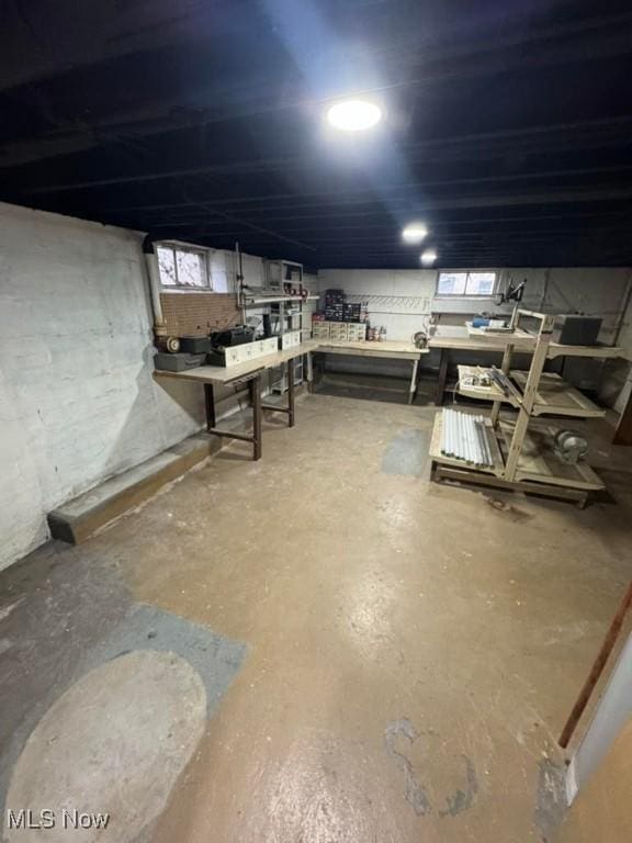 basement with a workshop area