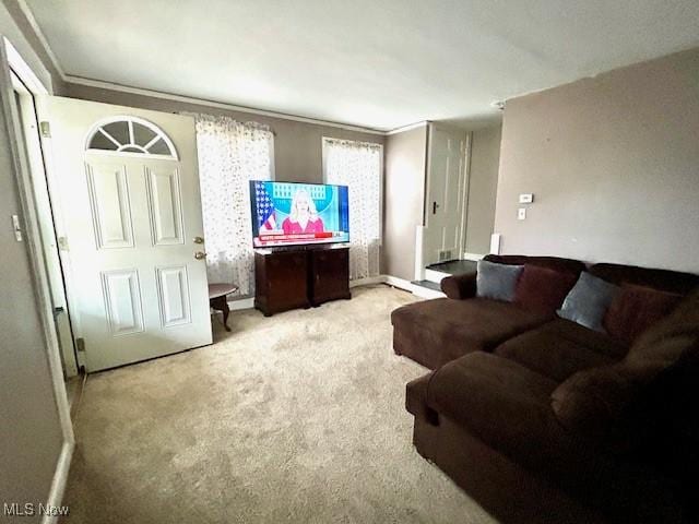 living room featuring ornamental molding and light colored carpet