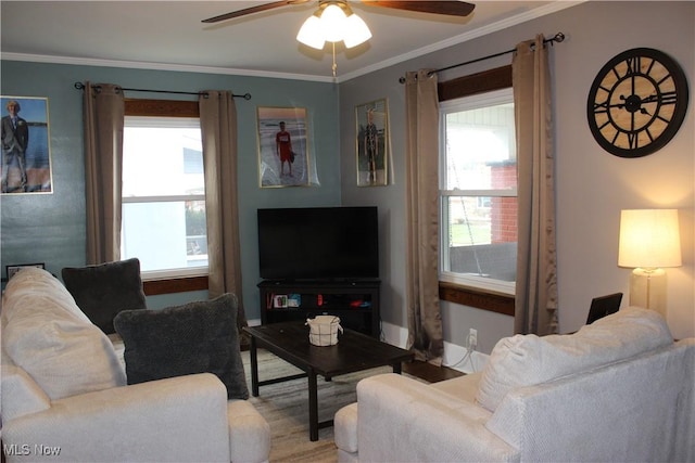 living room with crown molding and ceiling fan