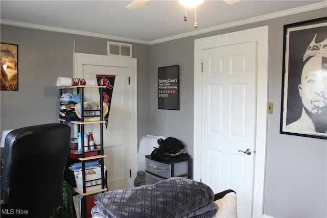 office featuring crown molding and ceiling fan