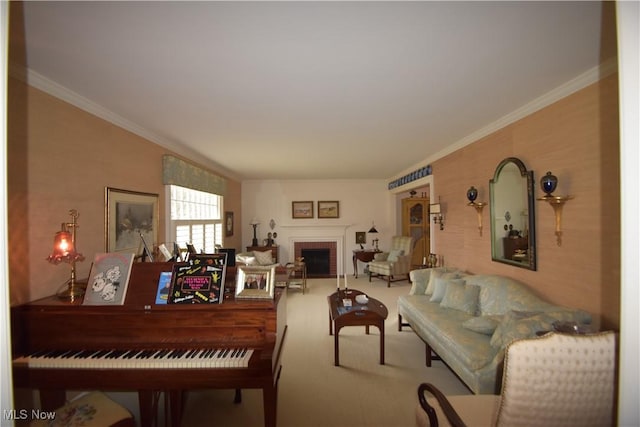 miscellaneous room featuring crown molding, a brick fireplace, and carpet flooring