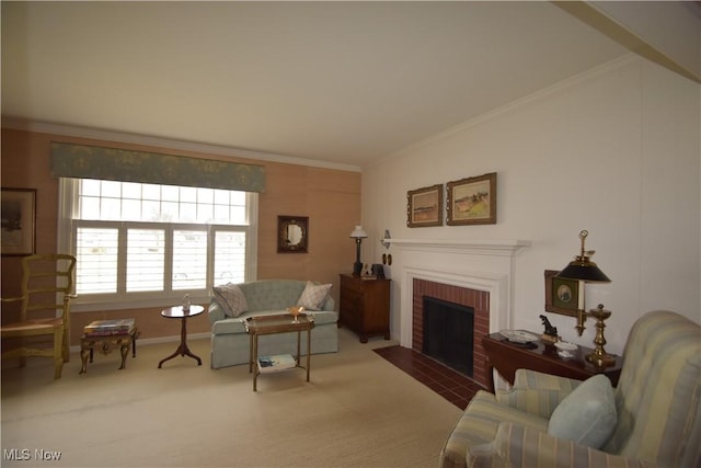 living room featuring a brick fireplace, crown molding, and carpet flooring