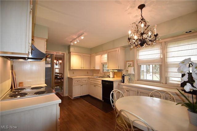 kitchen with white electric cooktop, hanging light fixtures, black dishwasher, a notable chandelier, and white cabinets