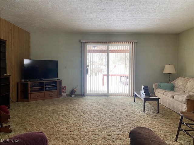 living room featuring light carpet and a textured ceiling