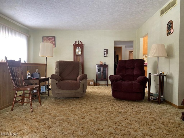 living room featuring a textured ceiling and carpet