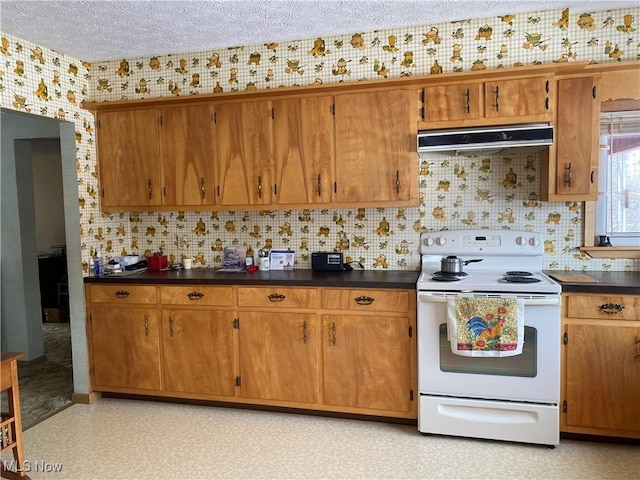 kitchen featuring white range with electric cooktop, range hood, a textured ceiling, and backsplash