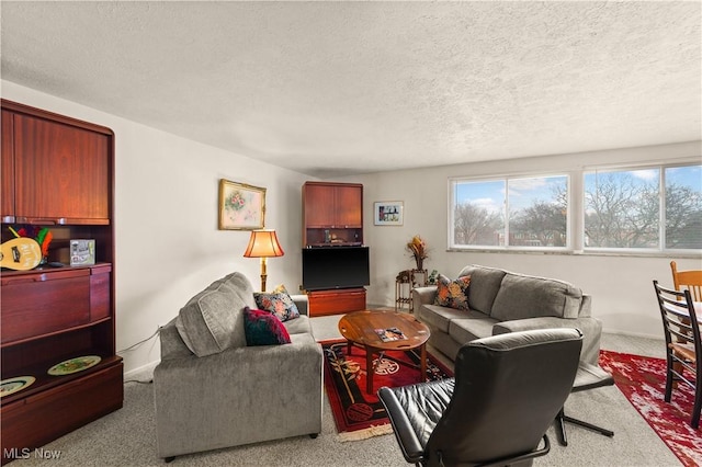 living room with light colored carpet and a textured ceiling