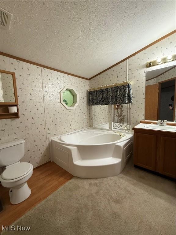 bathroom with a washtub, crown molding, vanity, wood-type flooring, and a textured ceiling