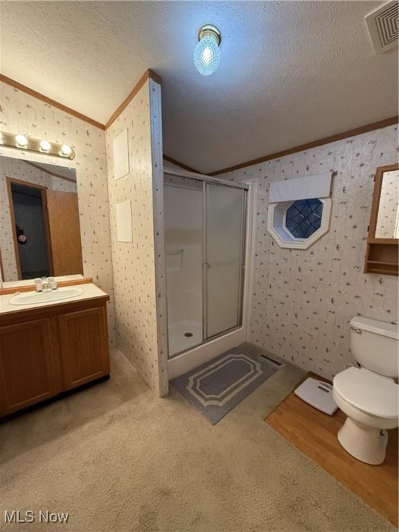 bathroom featuring vanity, crown molding, a shower with shower door, and a textured ceiling