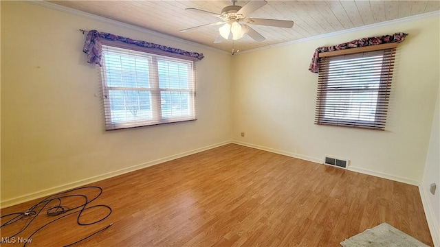 spare room featuring hardwood / wood-style flooring, ornamental molding, a healthy amount of sunlight, and wood ceiling