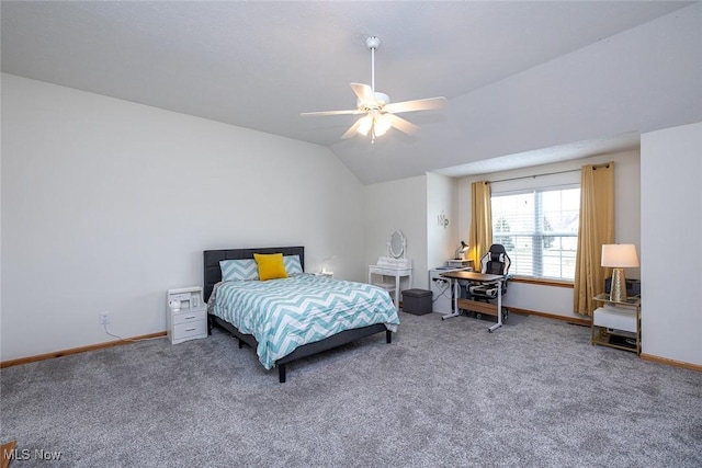 bedroom featuring ceiling fan, vaulted ceiling, and carpet