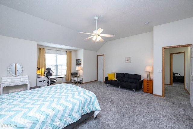 carpeted bedroom featuring lofted ceiling and ceiling fan