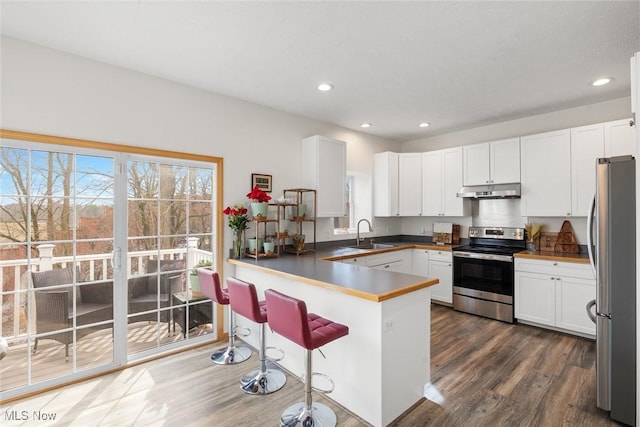 kitchen featuring dark wood-type flooring, kitchen peninsula, white cabinets, and appliances with stainless steel finishes