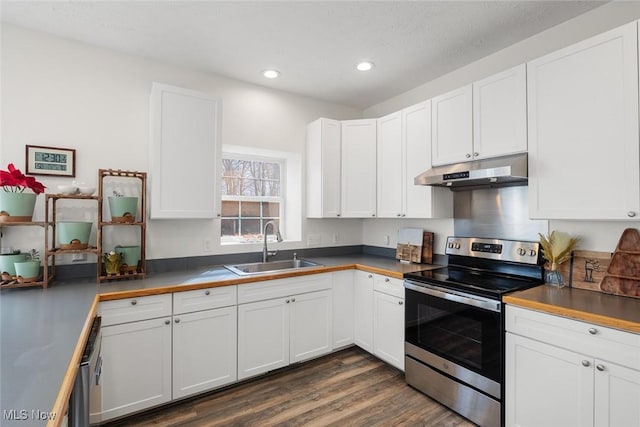 kitchen with white cabinetry, sink, and electric stove