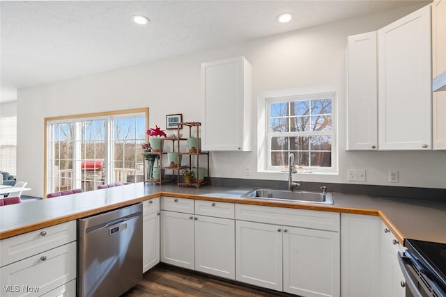 kitchen featuring white cabinetry, sink, stainless steel dishwasher, and dark wood-type flooring