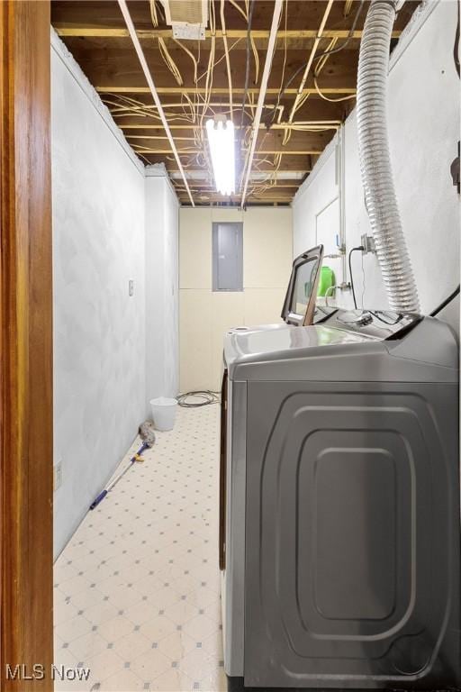 clothes washing area with electric panel and washing machine and dryer