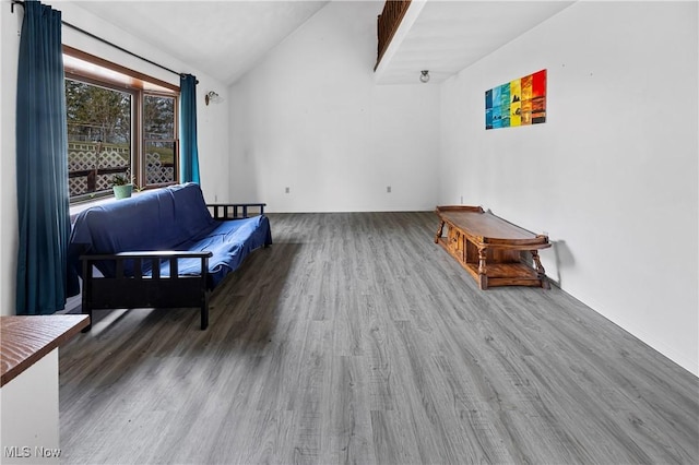 living area featuring lofted ceiling and hardwood / wood-style flooring