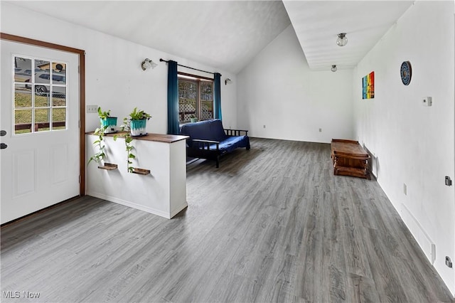 interior space featuring wood-type flooring and vaulted ceiling