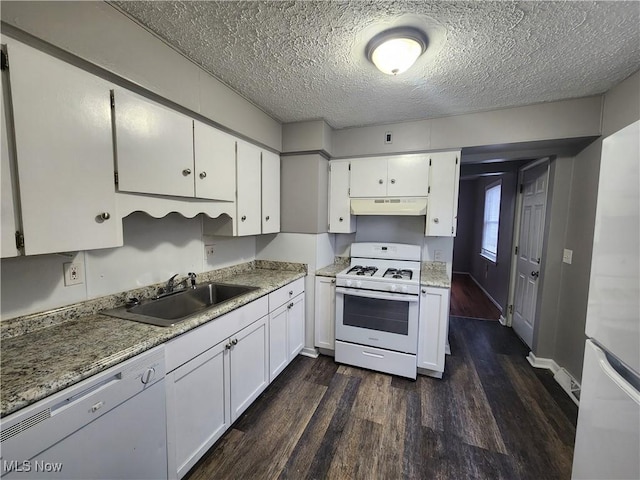 kitchen with sink, white appliances, a textured ceiling, white cabinets, and dark hardwood / wood-style flooring