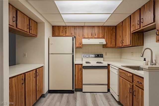 kitchen with sink, white appliances, light hardwood / wood-style floors, and backsplash