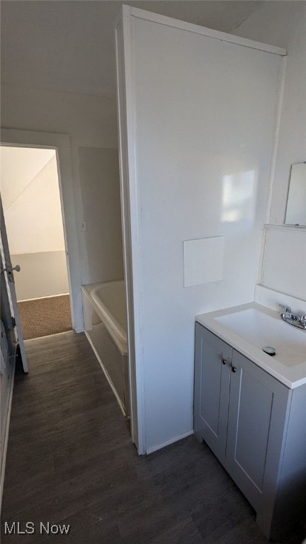 bathroom featuring vanity, a tub to relax in, and wood-type flooring