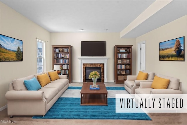 living room featuring a fireplace