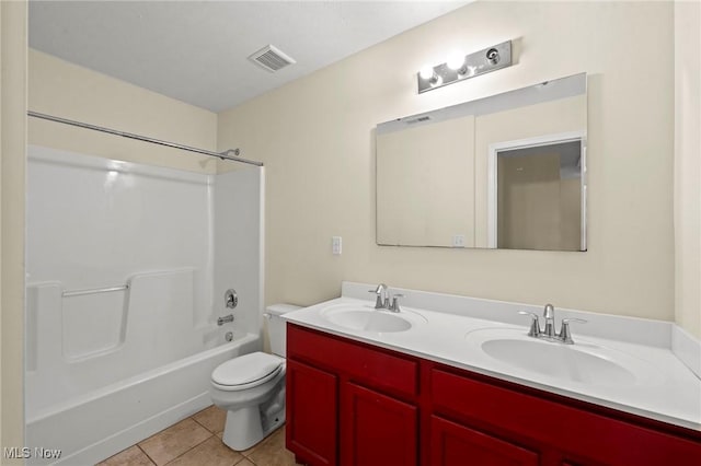 full bathroom featuring vanity, tub / shower combination, tile patterned floors, and toilet