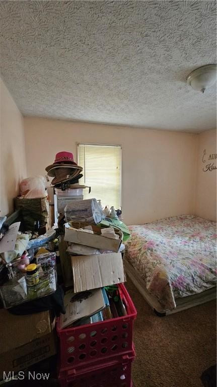 carpeted bedroom with a textured ceiling