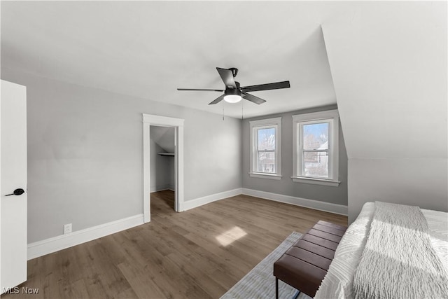 bedroom with a walk in closet, hardwood / wood-style floors, ceiling fan, and a closet