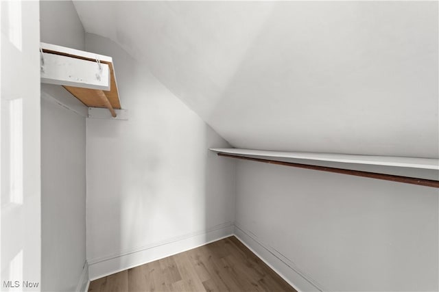 walk in closet with lofted ceiling and wood-type flooring