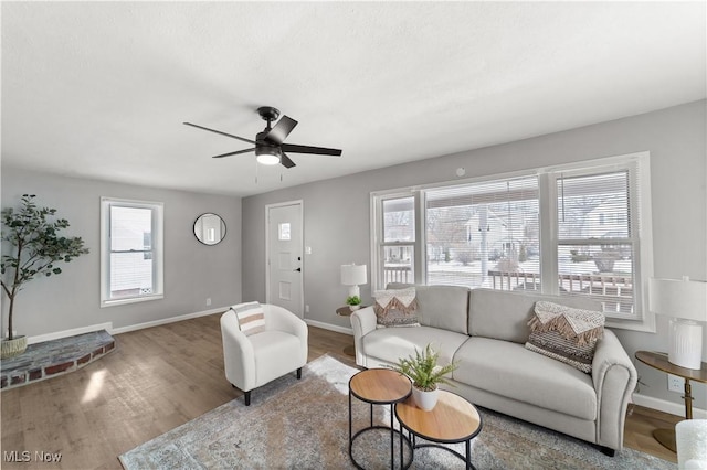 living room with hardwood / wood-style floors and ceiling fan