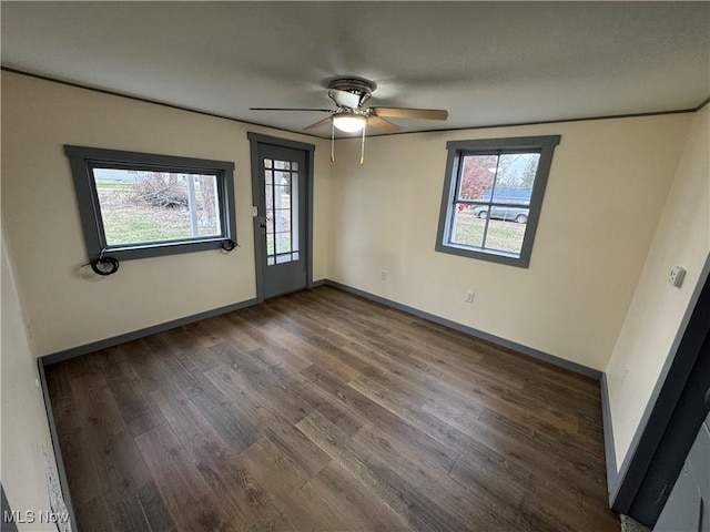 empty room with a wealth of natural light, dark hardwood / wood-style floors, and ceiling fan