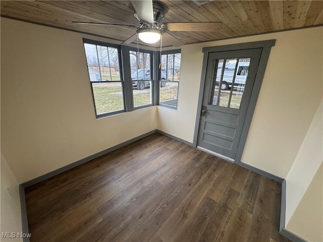 interior space with ceiling fan, dark hardwood / wood-style floors, and wood ceiling