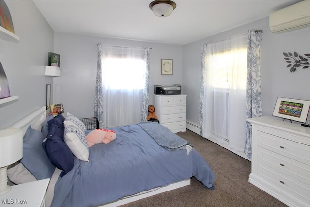 carpeted bedroom with multiple windows, a baseboard heating unit, and a wall mounted AC