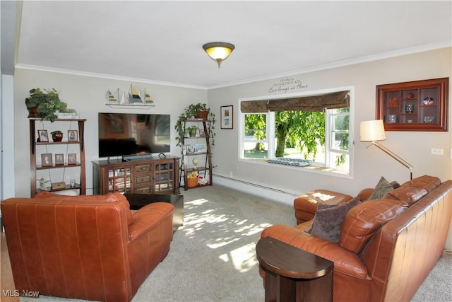 living room featuring a baseboard radiator, ornamental molding, and carpet flooring