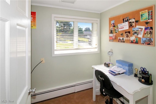 office space with a baseboard heating unit and crown molding