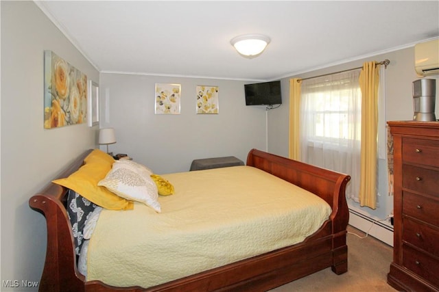 bedroom with baseboard heating, ornamental molding, a wall mounted AC, and carpet floors