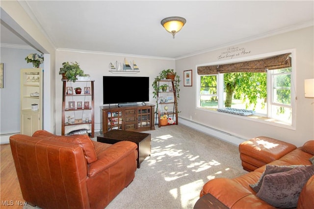 living room with light carpet, a baseboard heating unit, and crown molding