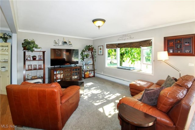 living room featuring ornamental molding, a baseboard heating unit, and carpet flooring